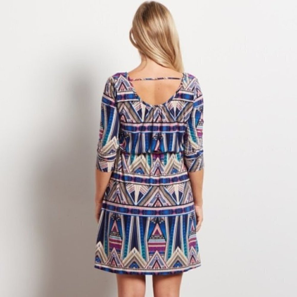 NEW PinkBlush Maternity Navy Tribal Belted Dress - Picture 5 of 15